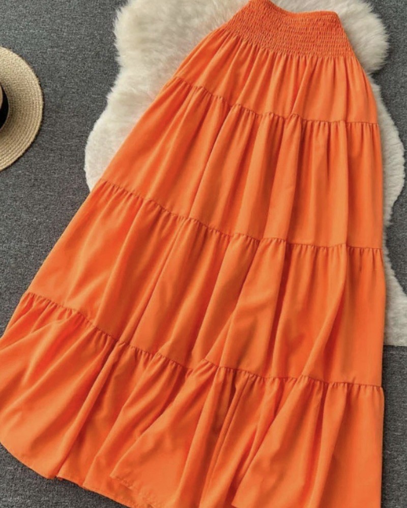 Tiered Orange Maxi Skirt with Smocked Waist