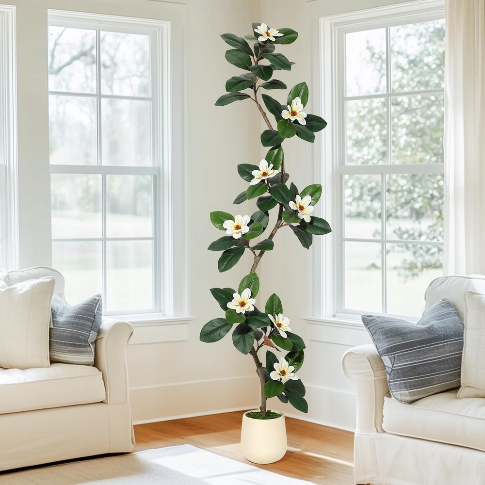 GarveeHome 7FT Realistic Rubber Tree Artificial Plant in White Pot Faux Indoor Decor