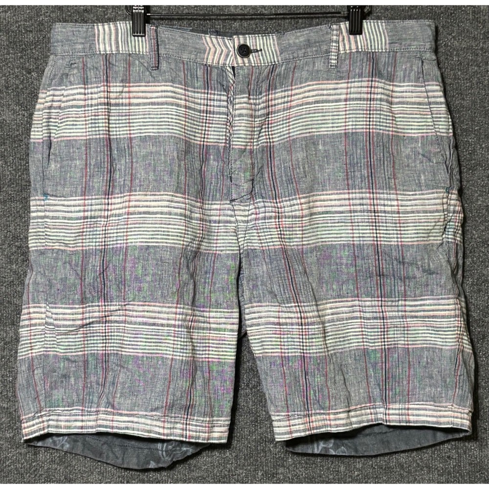 Tommy Bahama Reversible Shorts Mens 38 Blue Plaid Grey Floral Linen Blend Marlin