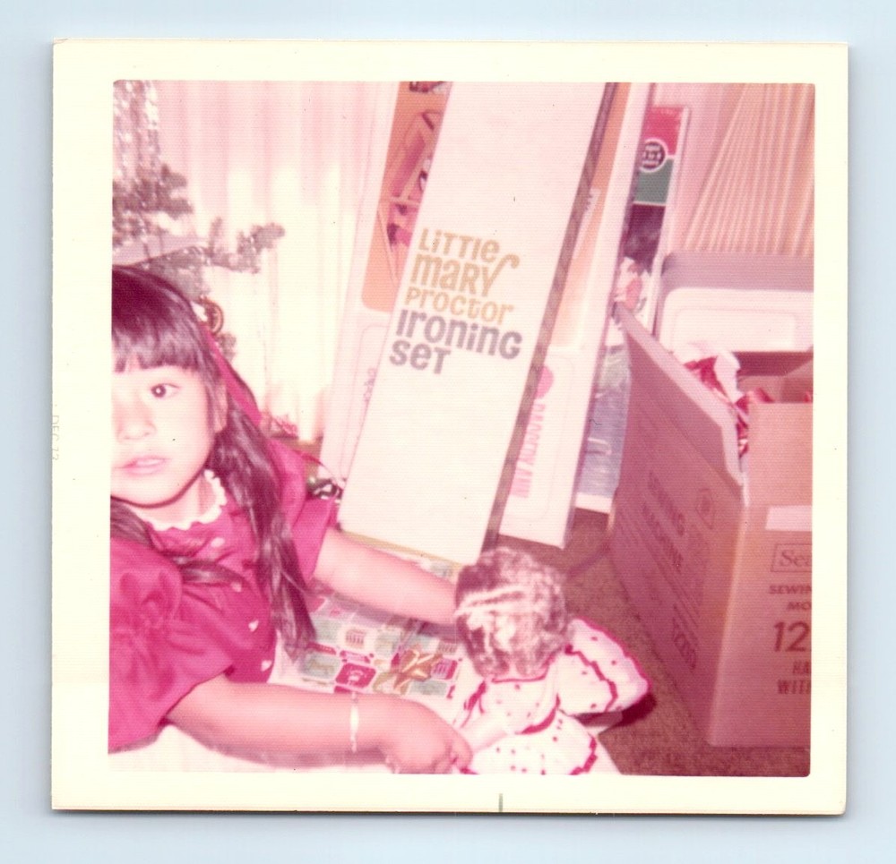 Old Vintage Square Color Photo SOLO GIRL DOLL LITTLE MARY PROCTOR IRONING SET