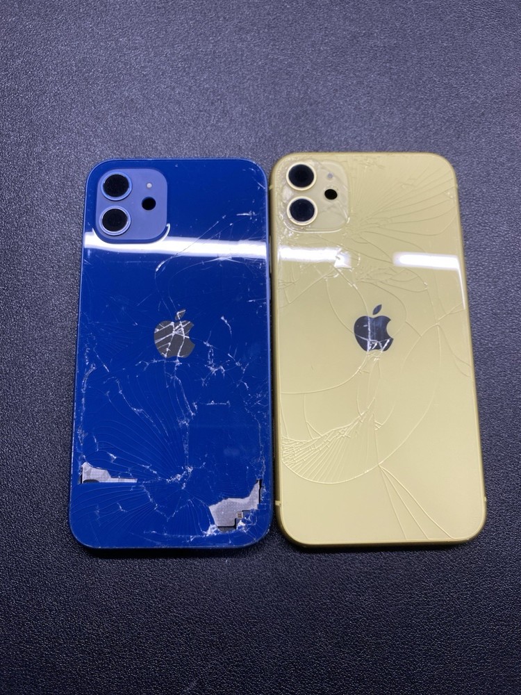 Lot Of 2 iPhone Housings - Blue iPhone 12 - Yellow iPhone 11 - Cracked