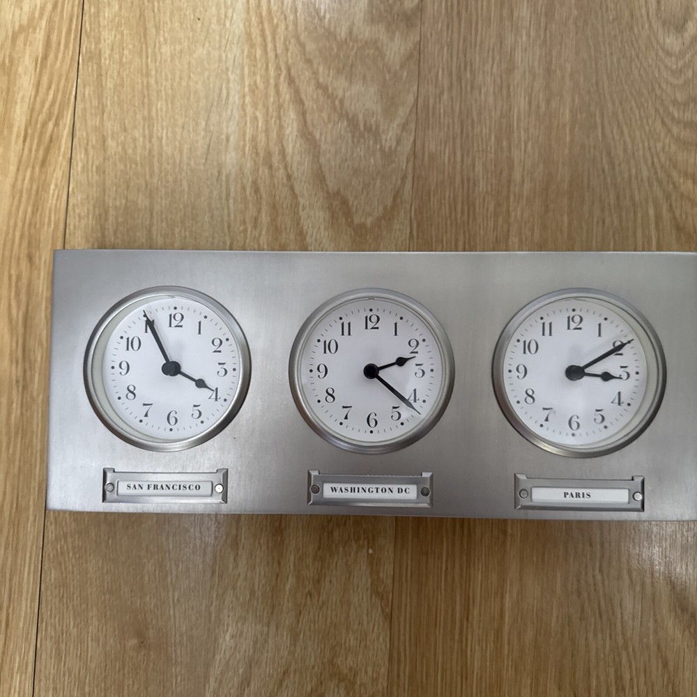 Pottery Barn Around The World 3 Time Zones Brushed Nickel Clock Home Office