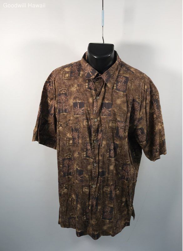 Kalaheo Men's Brown Abstract Palm Tree Cotton Lawn Aloha Shirt Sz XL-image