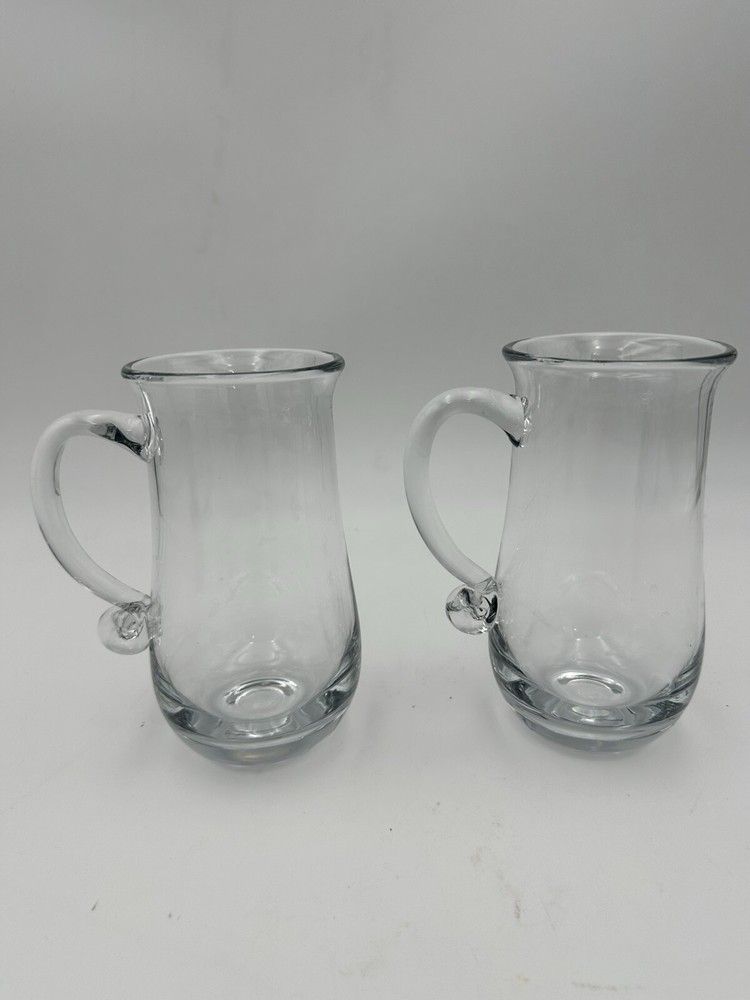 Set of 2 Thick Bottom Clear Blown Glass Beer and Coffee Mugs with Applied Handles