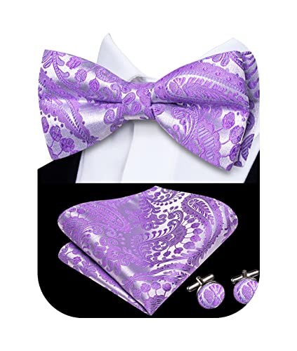 Bow Ties for Men Pre-Tied Pocket Square with Cufflinks Light Purple Paisley