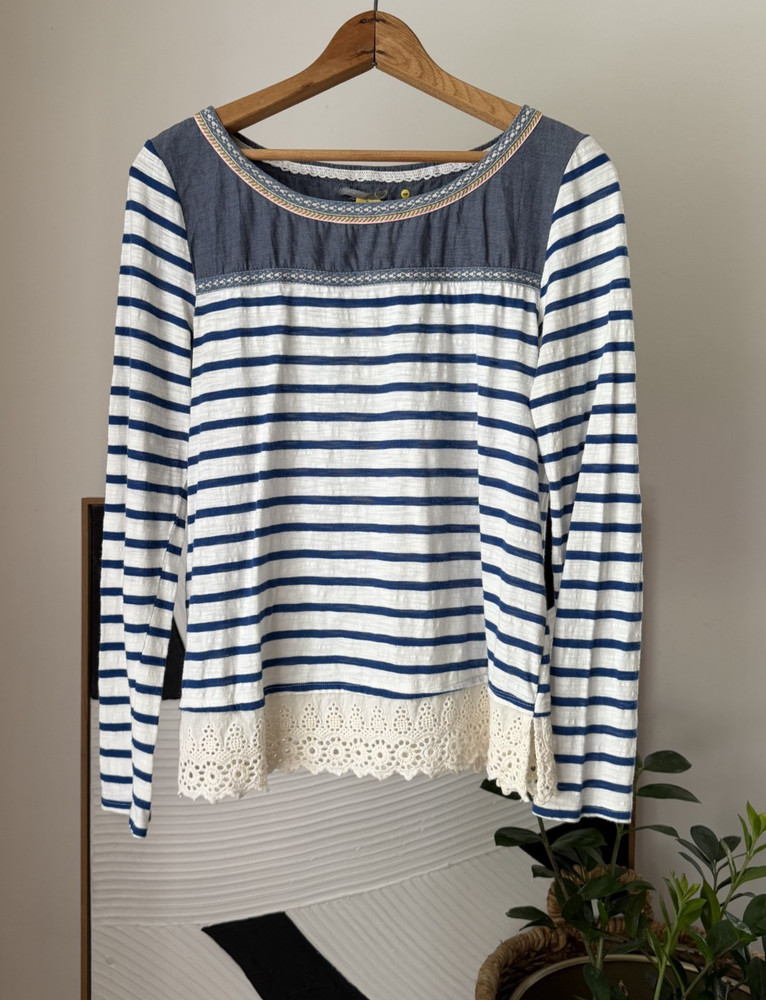 Women's Anthropologie LITTLE YELLOW BUTTON Blue Striped Top Shirt Size Medium M