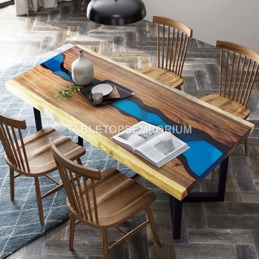 Acacia Wooden Epoxy Blue Resin Dining Custom Table Top Resort Décor Furniture-image
