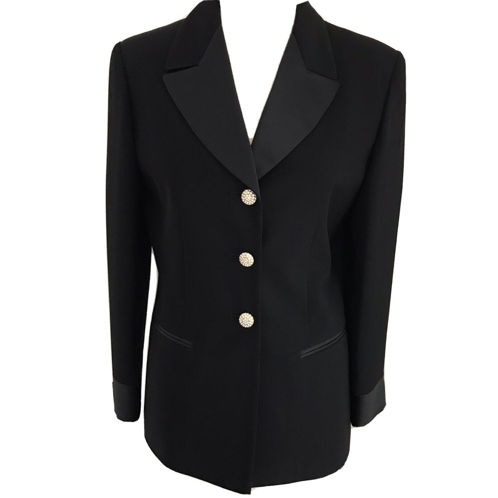 Albert Nipon Vintage 2 Piece Black Tuxedo Pants Suit Satin Rhinestone 4