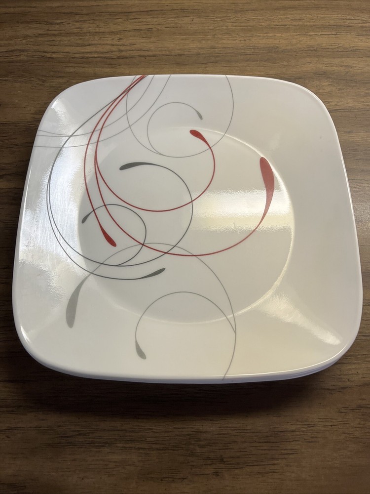 4 Corelle Splendor Square Dinner Plates White Red & Gray 10.5