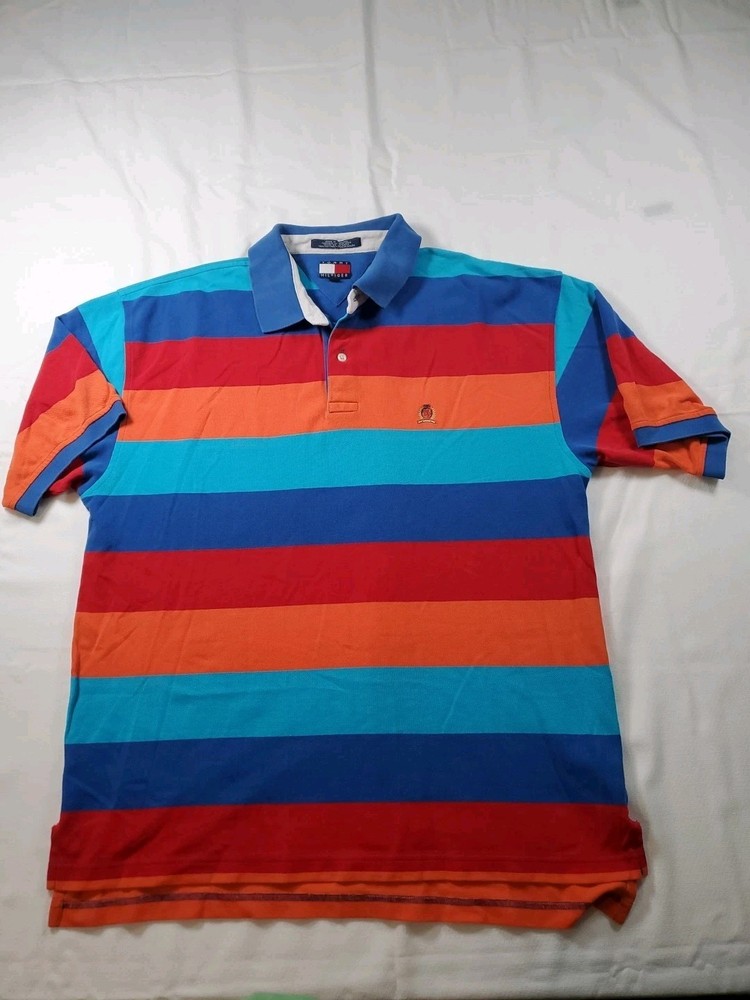 Vintage Tommy Hilfiger Polo Shirt XL Blue Red  Men Colorblock Striped