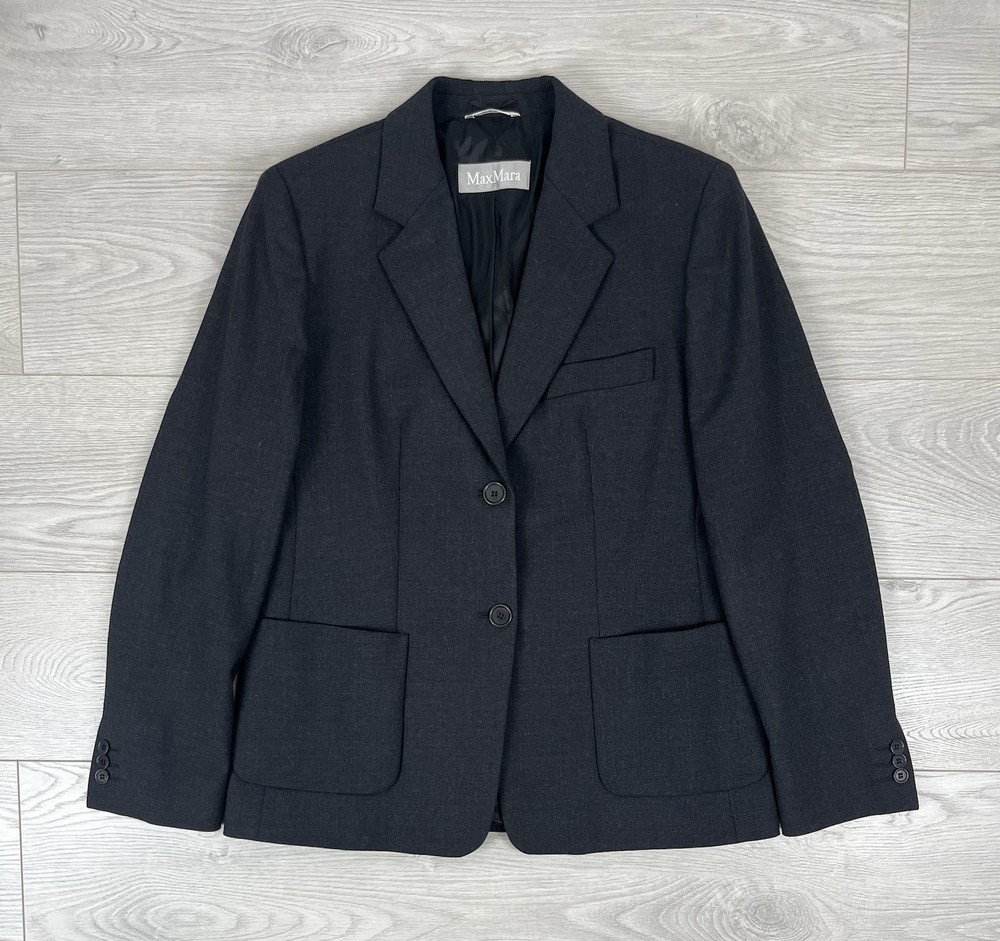 Max Mara Italy Vintage Black Wool Two Button Womens Blazer Jacket 12 Size