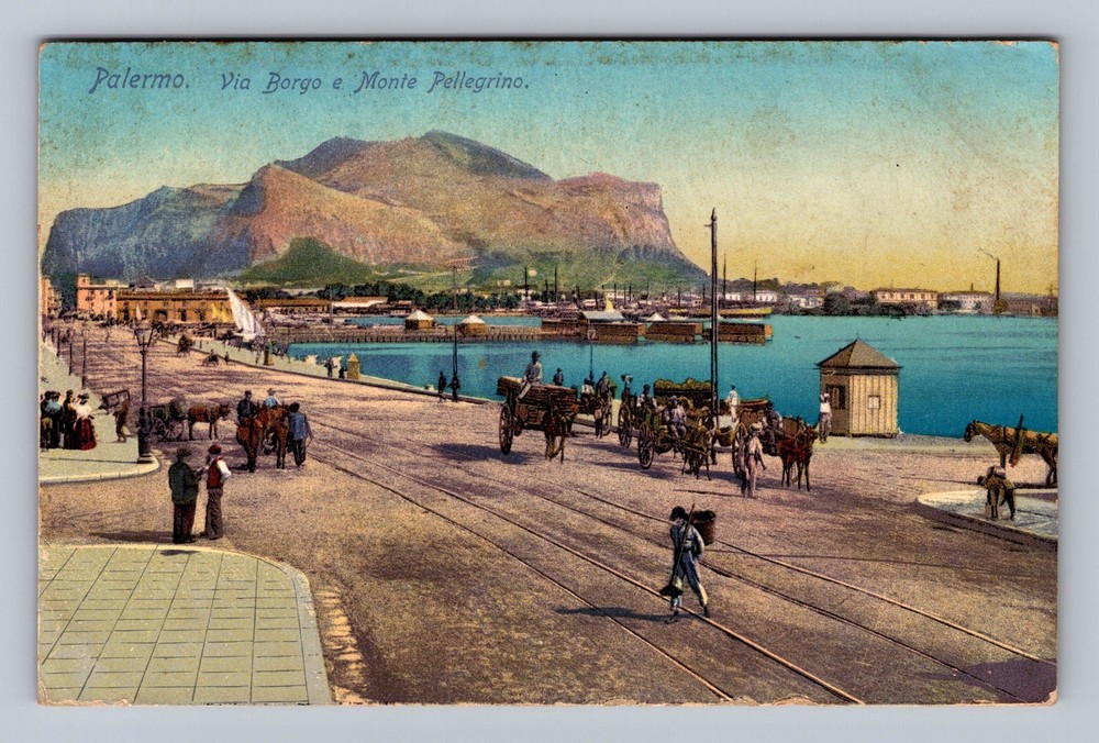 Italy- Palermo Borgo Street & Mount Pellegrino Standard Postal Vintage Postcard