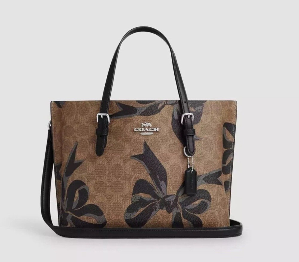 NWT Coach Mollie 25 Signature Canvas Tote Bag with Bow Print in Tan Black CZ767