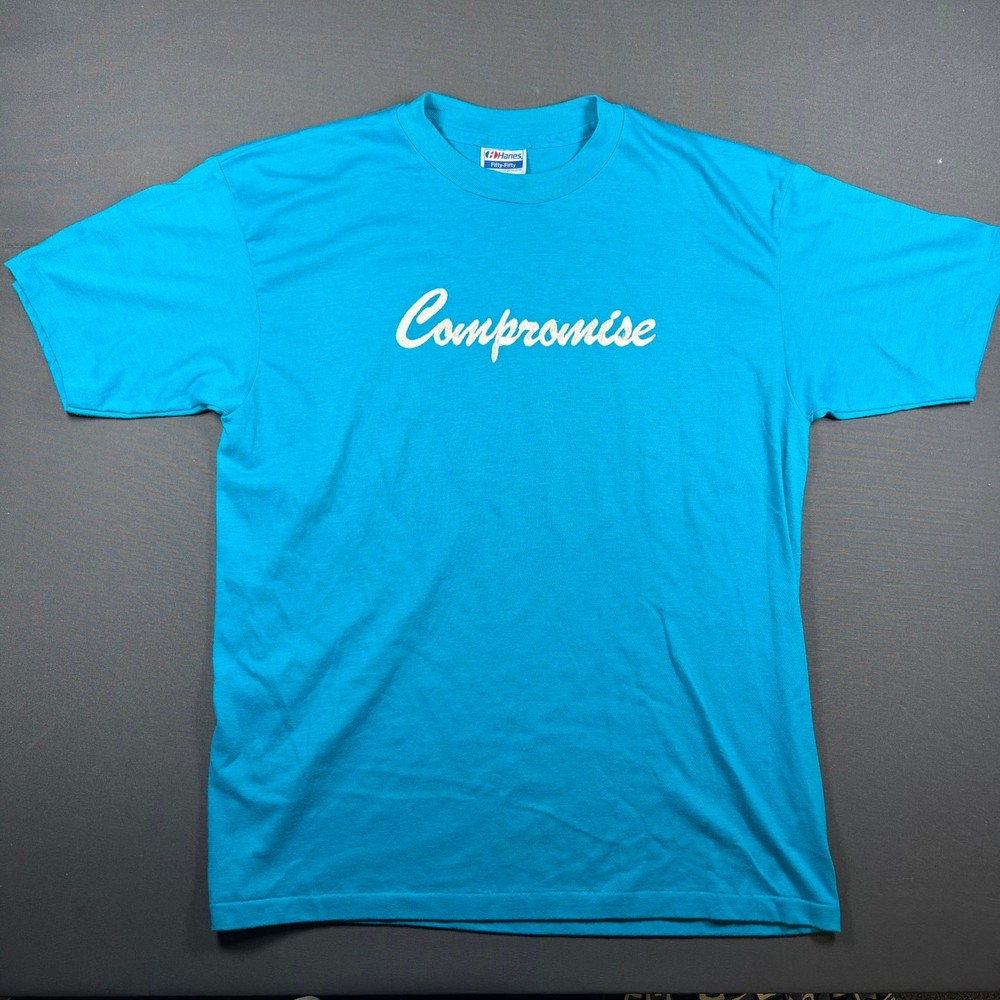 Vintage 90s Hanes Fifty-Fifty Compromise Embroidered Teal T-Shirt Mens XL USA