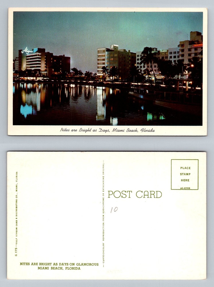Miami Beach, FL-Florida, Illuminated Night View Of  Hotels Vintage Postcard