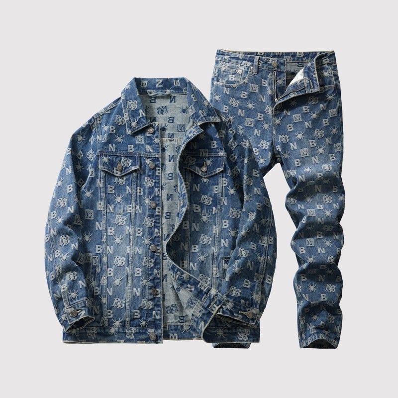 Luxury High Street Men Denim Set Jacket & Jeans Retro Washed Casual Loose Outfit