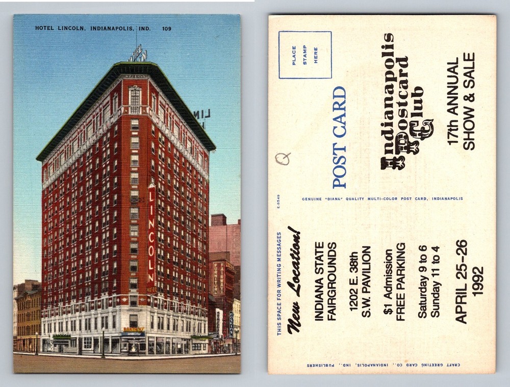 Indianapolis, IN-Indiana Hotel Lincoln Downtown Corner Building Vintage Postcard