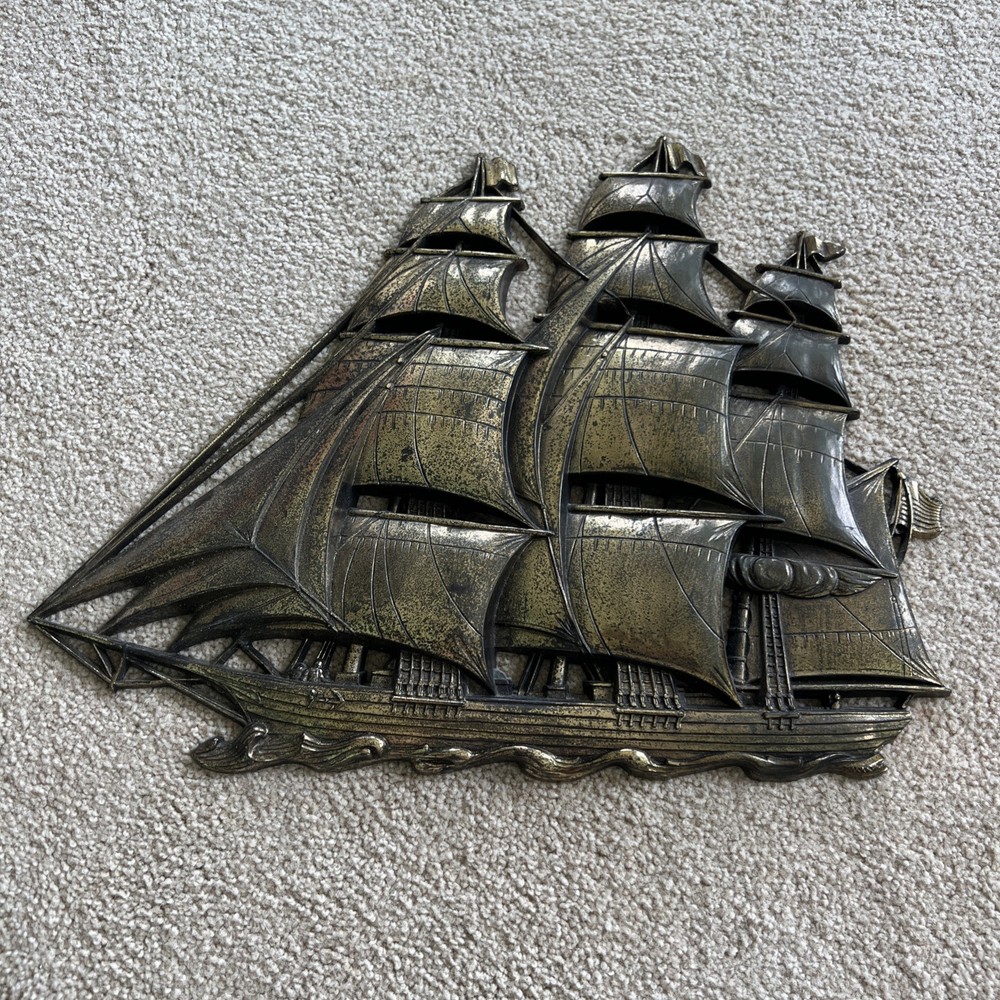 Vintage Homco Inc No 4261 Nautical Gold Sailing Ship Schooner Wall Hanging
