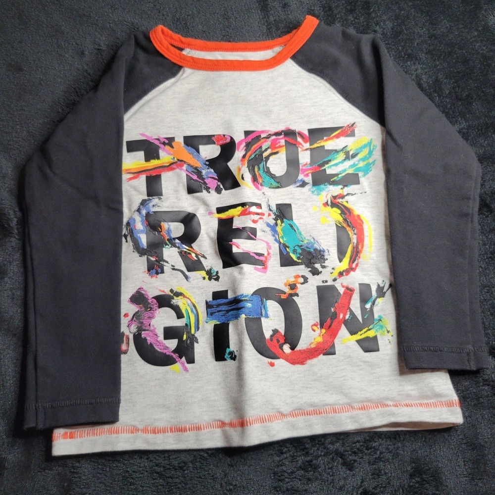 True Religion Kids Raglan Long Sleeve Graphic Tee Shirt Size 2T Orange Trim