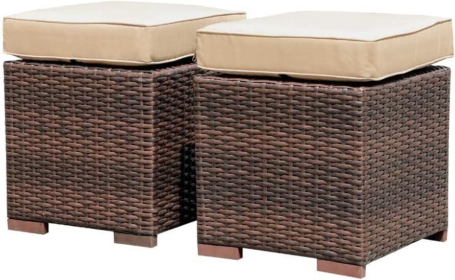 2 Pieces Assembled Patio Ottoman,All-Weather Wicker Rattan Footstool Seat