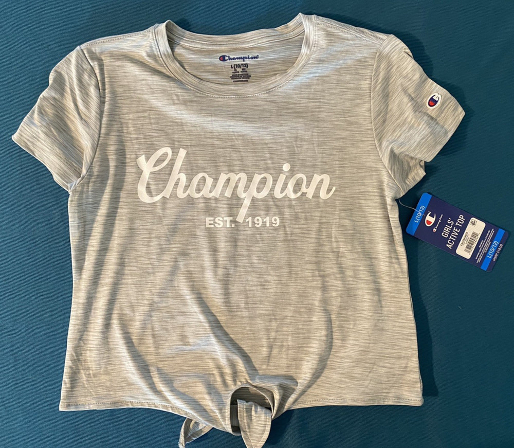 Champion Girls Soft Graphic Print Active Tie Cropped Top Gray Large 10 / 12