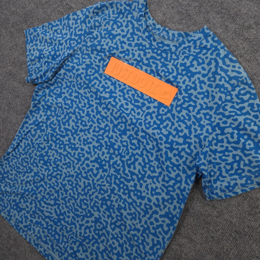 Nike T Shirt Mens L Cerulean Blue Camo Just Do It Plaque Short Sleeve Crewneck