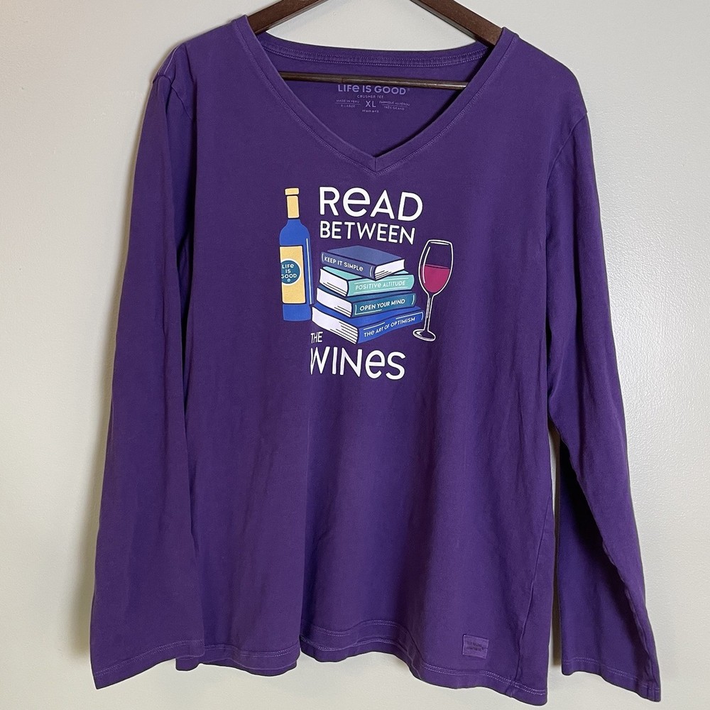 LIFE IS GOOD T-SHIRT Women's XL Long Sleeve PURPLE Read Between the Wines Size