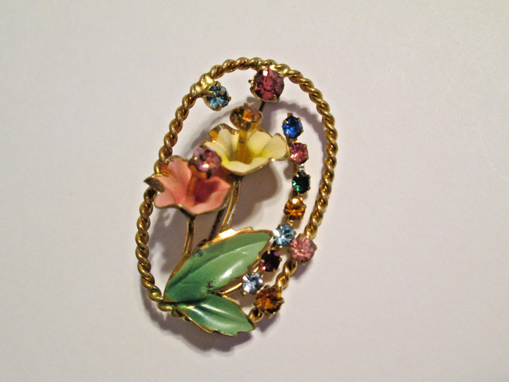 Vintage MADE IN AUSTRIA Gold-tone Multicolor Enamel & Rhinestone Flower Brooch