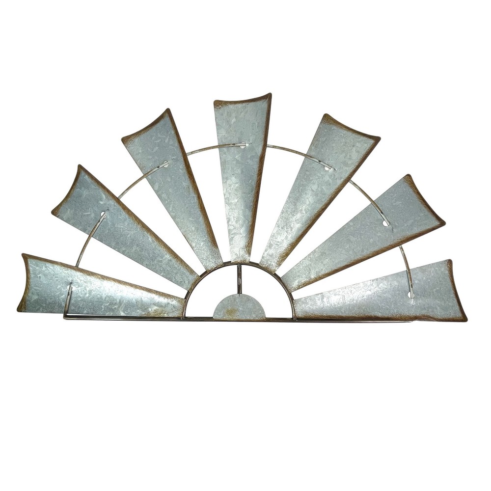 Distressed Rustic Galvanized Metal Half Moon Windmill Wall Art Sculpture