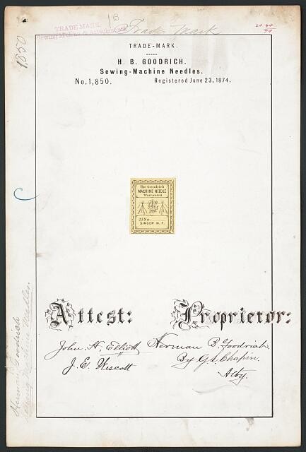 Photo:H B Goodrich Sewing Machine Needles Trademark Registration 1874