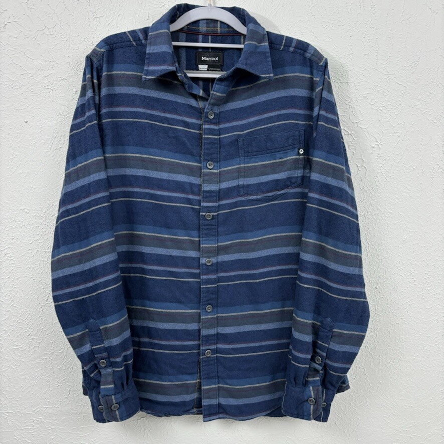 Marmot Long Sleeve Button Shirt, Men's Small, Blue Striped- Fast Shipping
