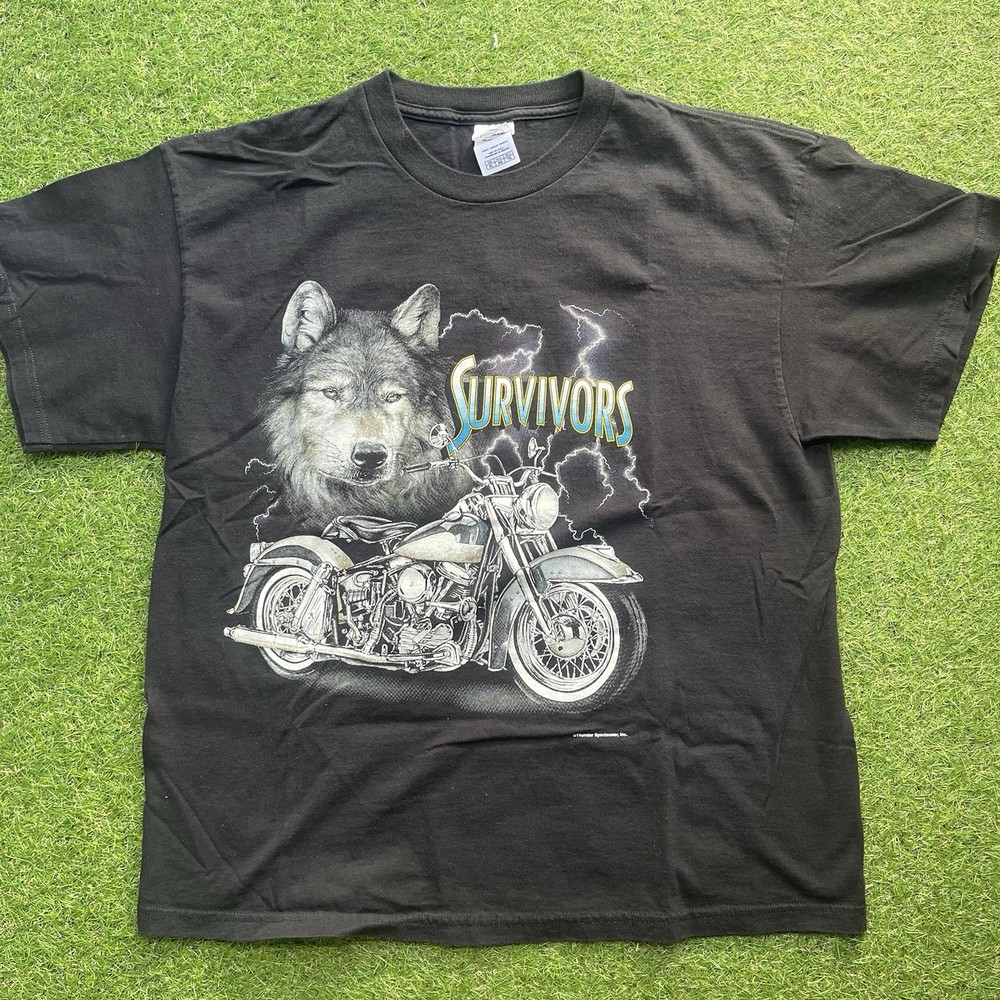 Vintage Thunder Sportswear T-Shirt Mens XL Black Survivors Wolf Motorcycle Y2K