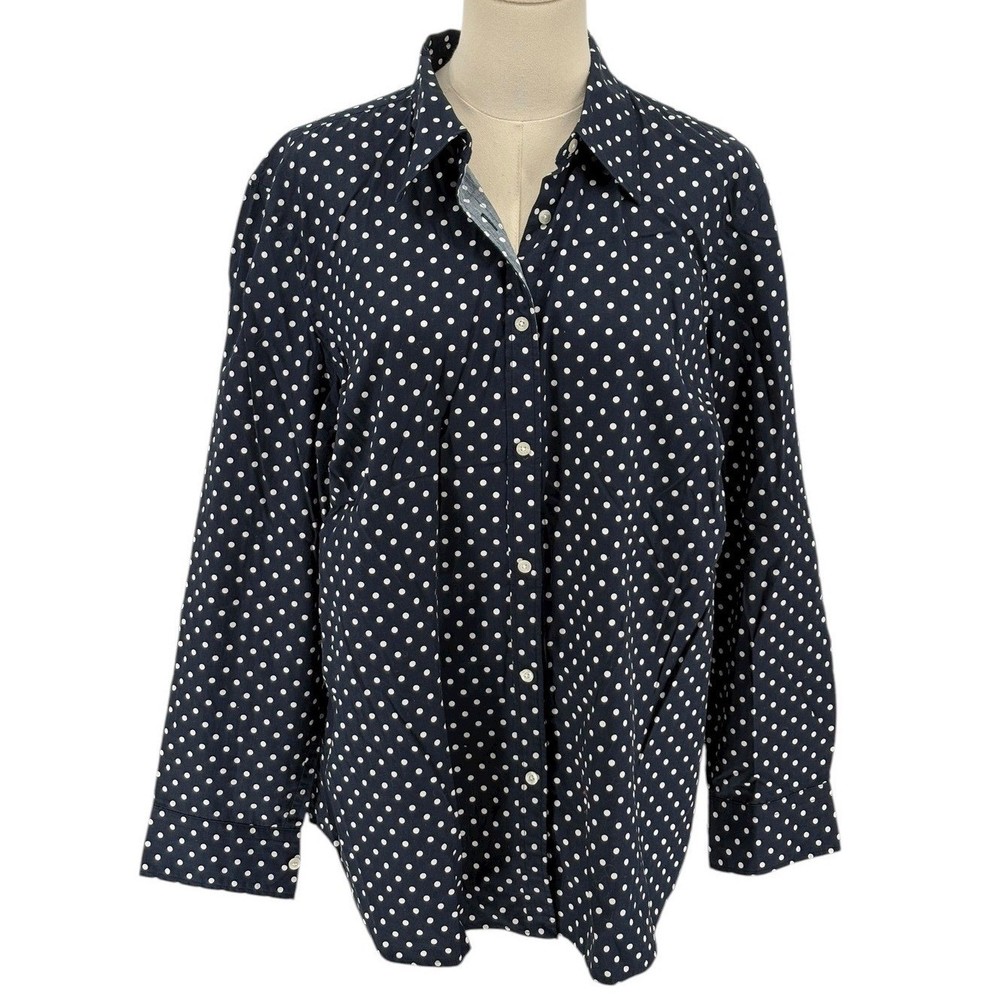 Chaps Women's 1X Navy White Polka Dot Button Down Shirt 100% Cotton