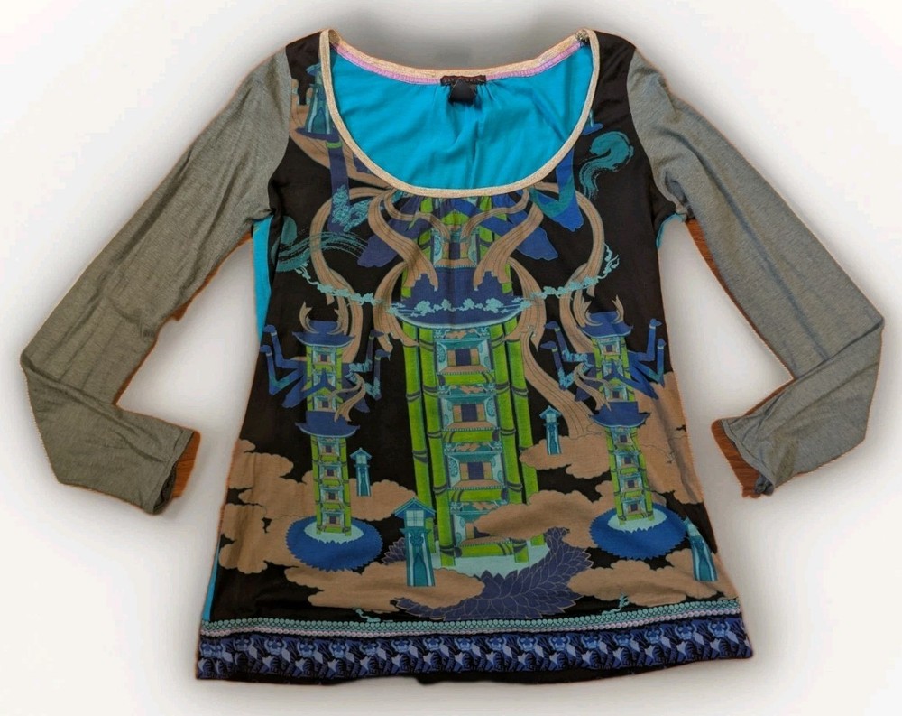 Custo Barcelona Graphic Art Top Long Sleeve Y2K Abstract Deadstock Print S-image