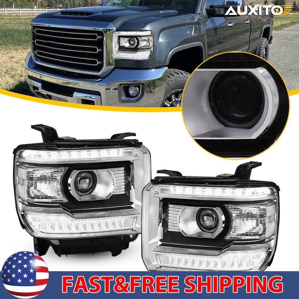 Black For 2014- 18 GMC Sierra 1500 2500HD 3500HD LED DRL Projector Headlights