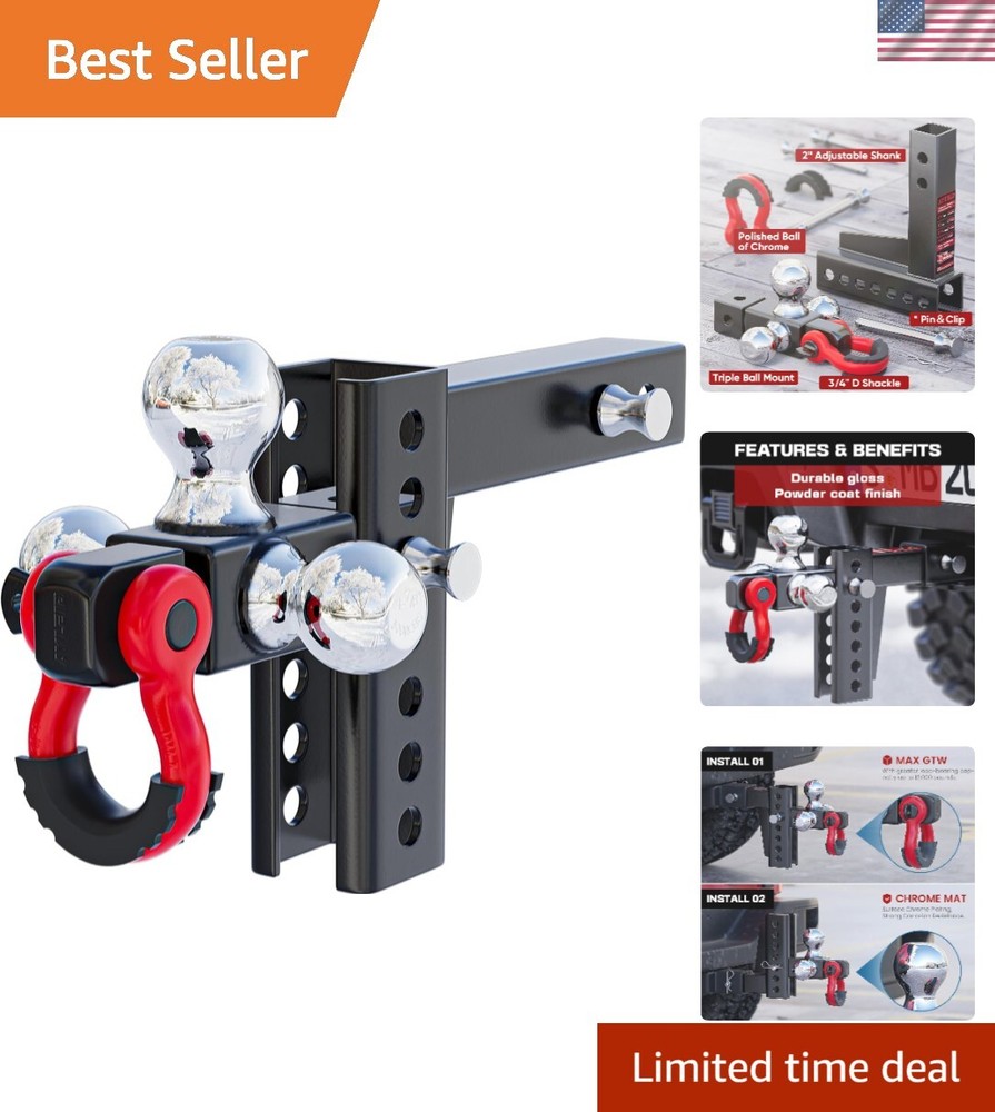 3-in-1 Tri-Ball Trailer Hitch with Rotatable Tow Shackle for 2-Inch Receivers  