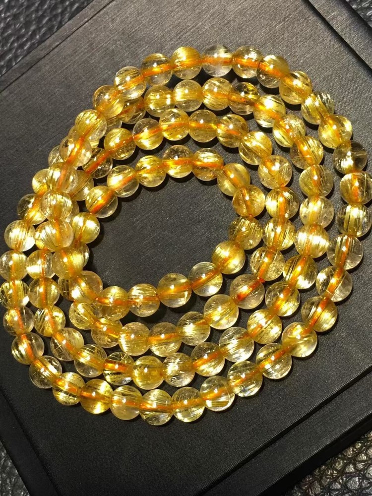 27.7G Natural gold Hair Rutilated Quartz Crystal Round Beads Bracelet Healing