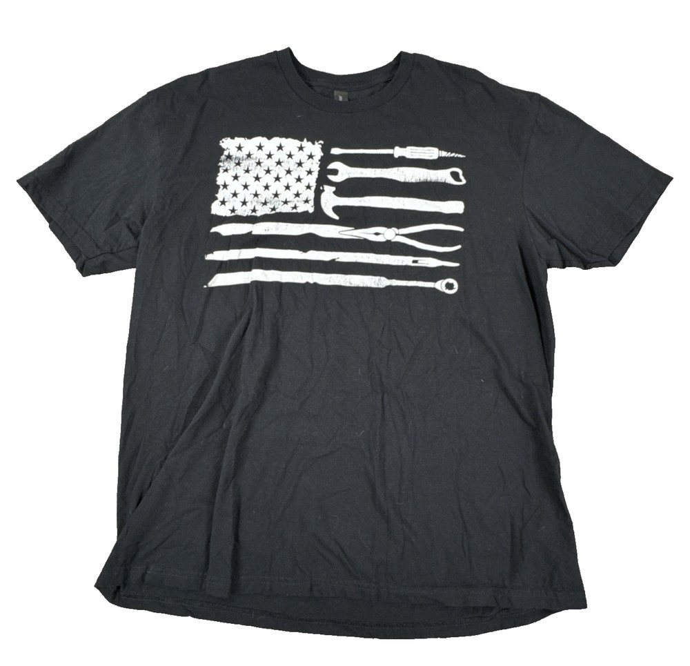 Gildan Men's T Shirt Size XL Black American Flag Mechanic Tools Graphic Tee