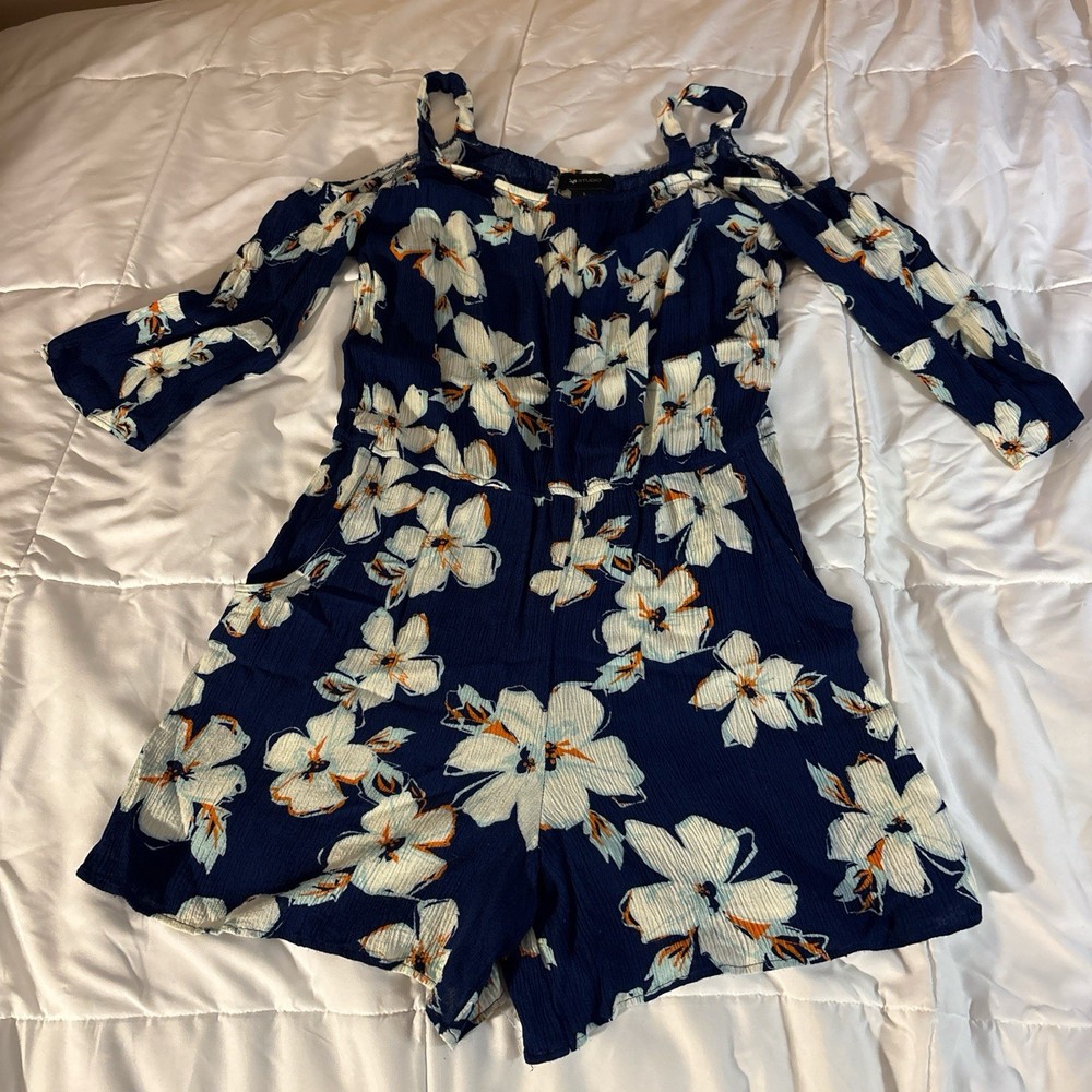 AB Studio Floral Cold Shoulder Romper Navy White Orange Ruffle Women’s Size L