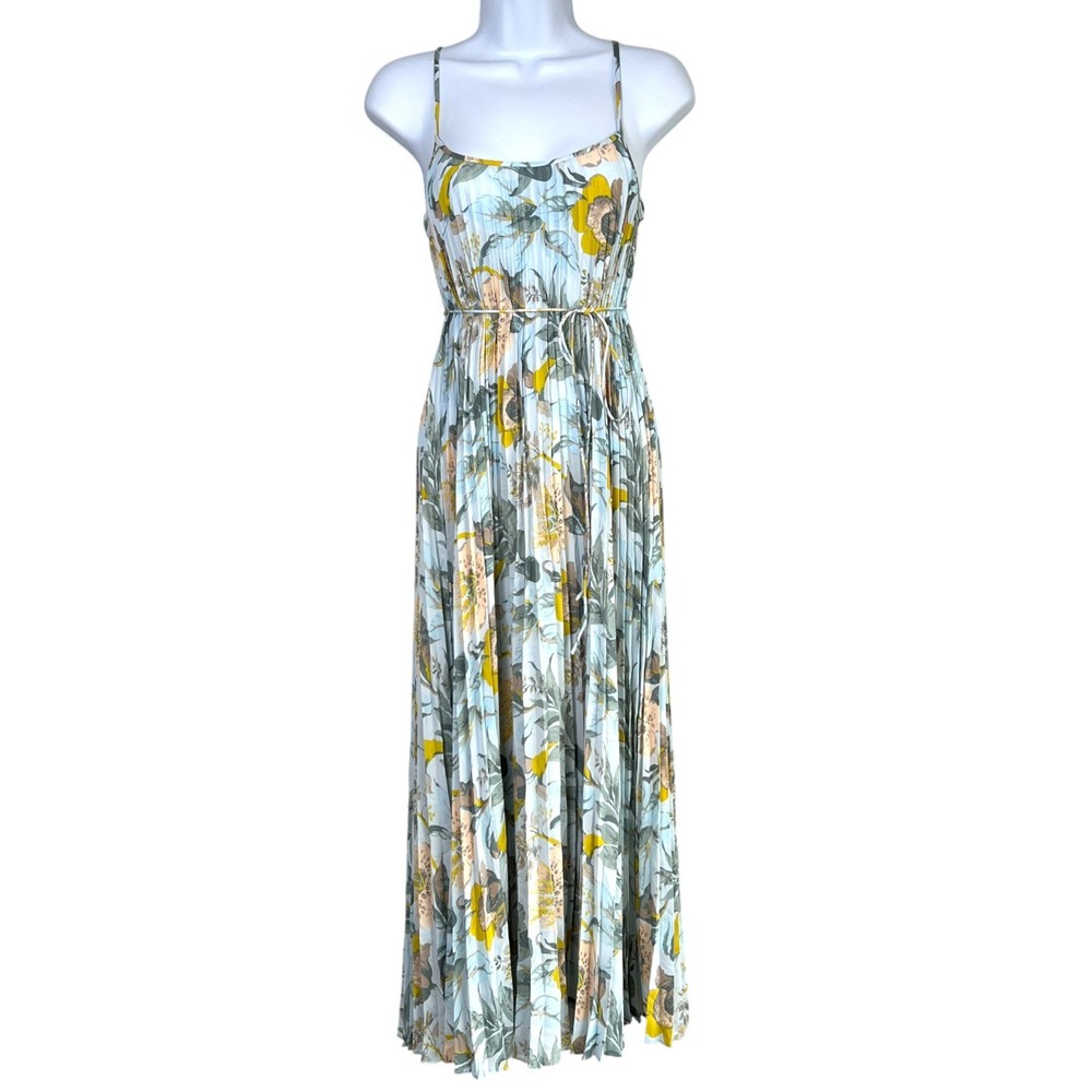 Vince Marine Garden Pleated Cami Midi Dress Surf Mist Size Small Quiet Luxury