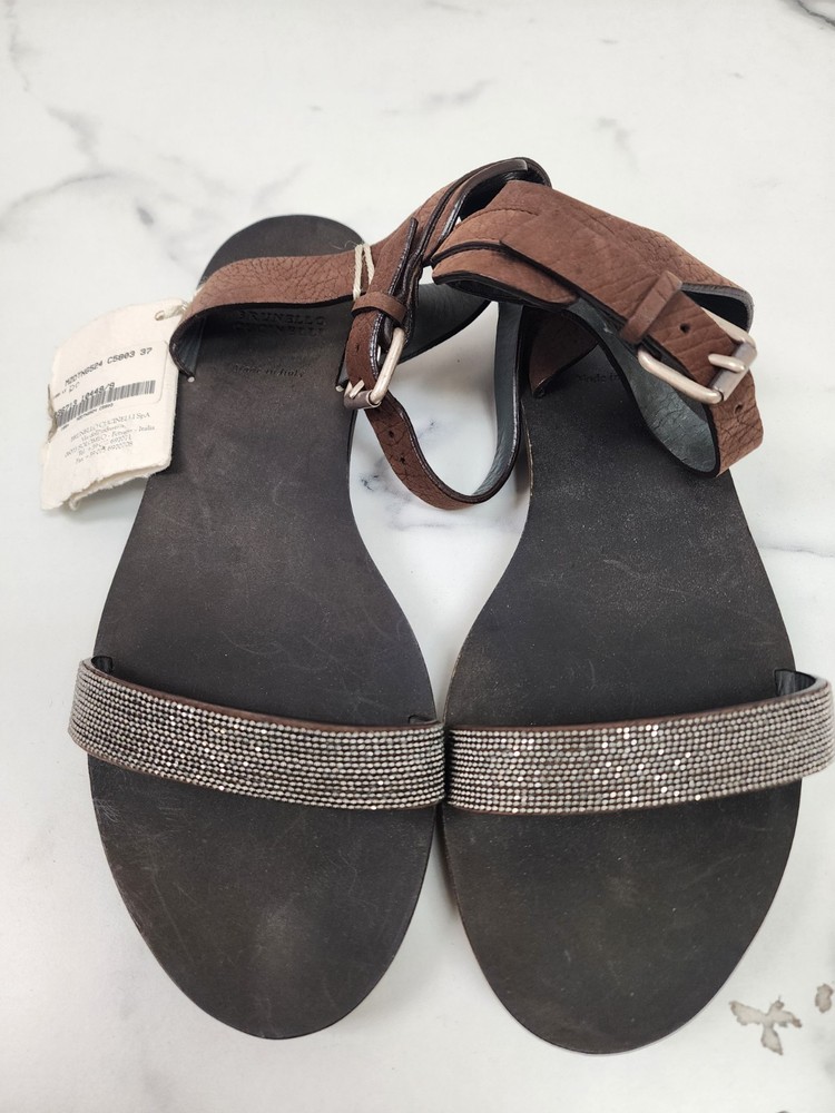 Brunello Cucinelli Women's Ankle Strap Leather Monili Sandals Sz37 Orig $1450