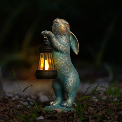 Garden Statues Rabbit with Solar Lantern Outdoor Bunny Figurines Decorations