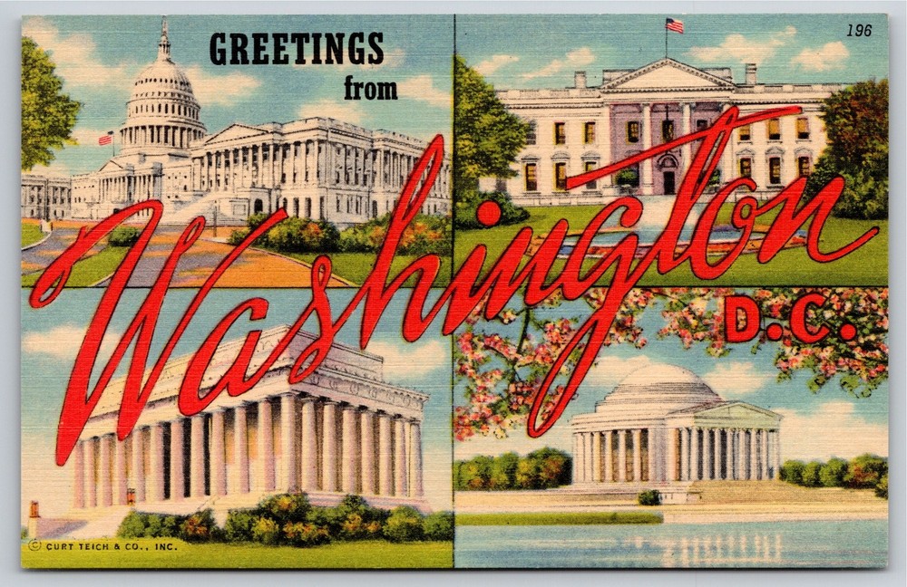 Greetings From Washington DC Multi-View~White House~Capitol Bldg~Linen Postcard
