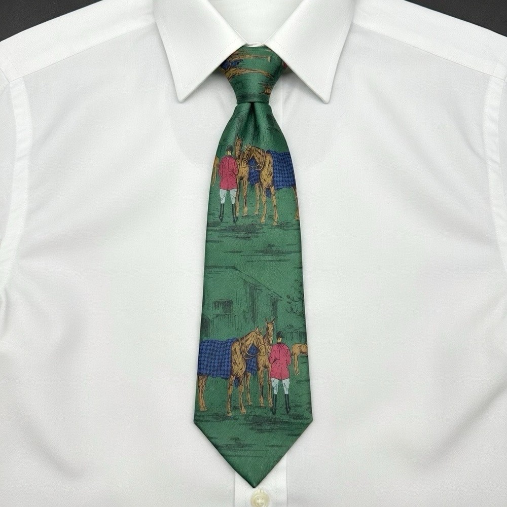 Polo Ralph Lauren Equestrian Horse Riding Scene Green Silk Tie Handmade USA 3.5