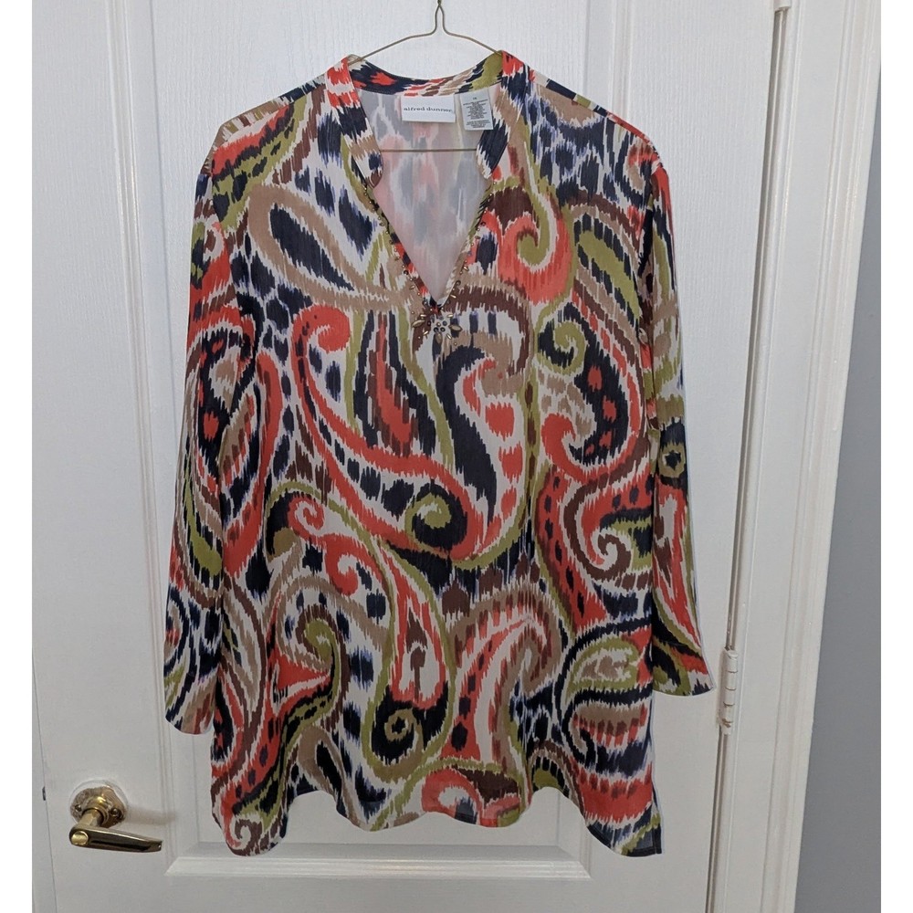 Alfred Dunner Women 18 Paisley Ikat Blouse Multi Color Beaded V-Neck 3/4 Sleeve