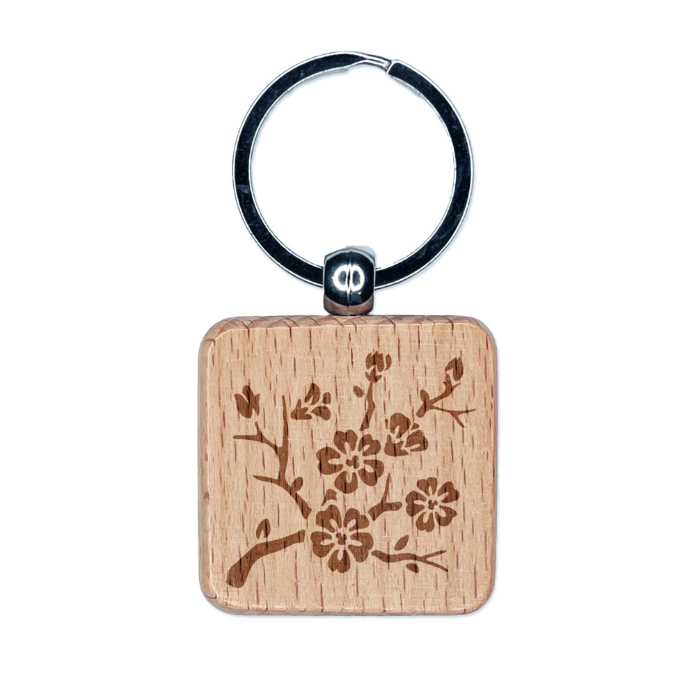Cherry Blossom Engraved Wooden Square Keychain Floral Design