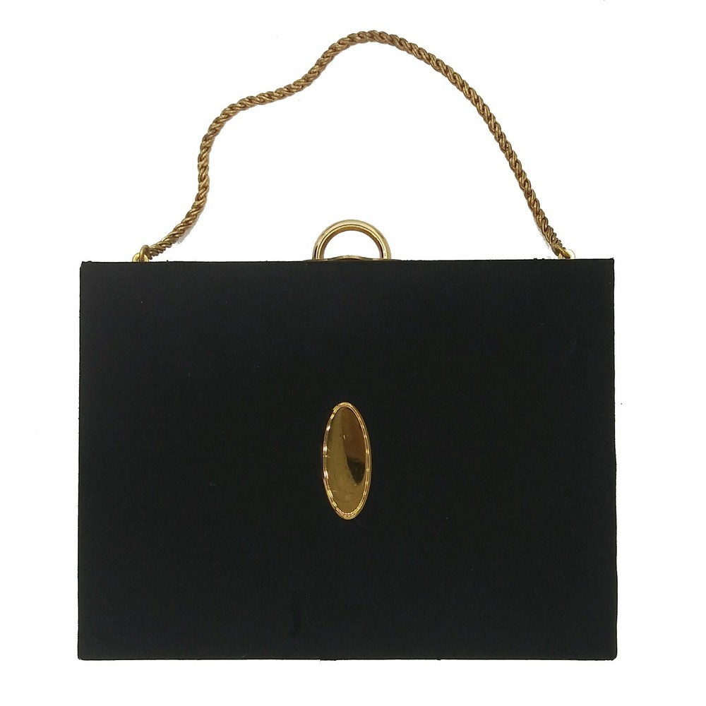 Vintage Evans Black Fabric Gold Metal Box Purse w/ Mirror 1950s Clutch Bag