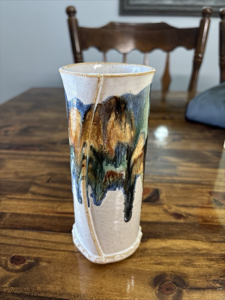 Beautiful 1993 HOFFMAN POTTERY Blue Drip Glaze Rd. Vase Signed 6.75