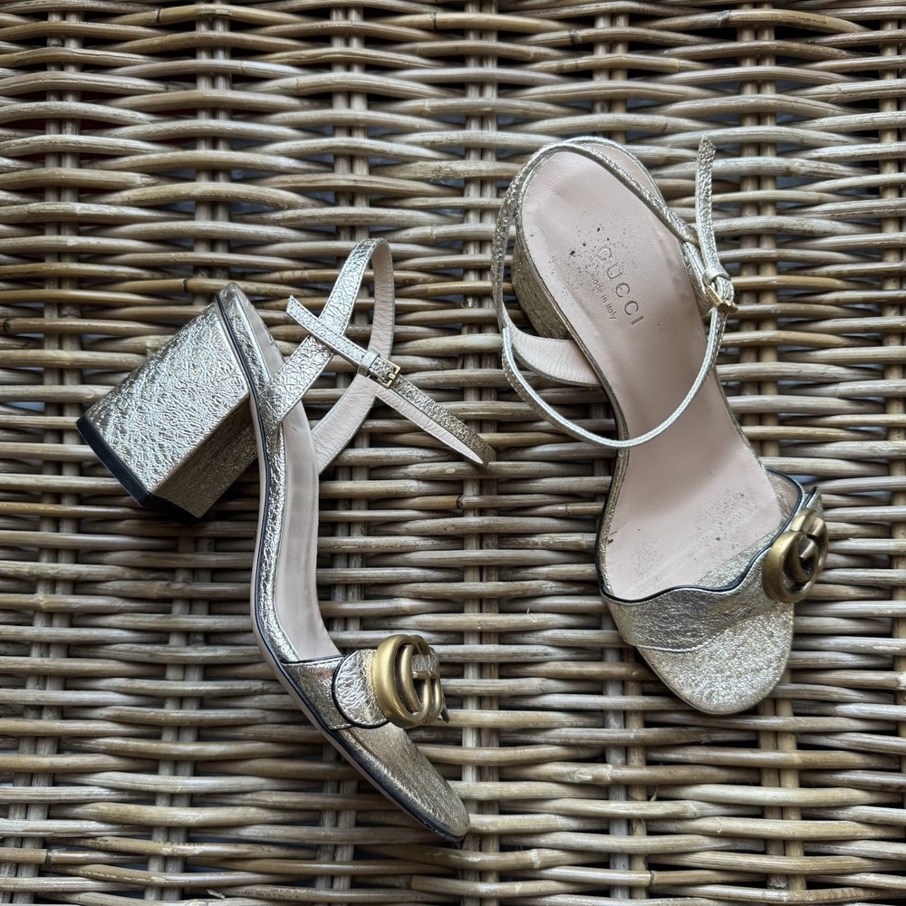 Gucci Marmont GG Metallic Gold Leather Block Heel Sandals Size 36.5 6.5