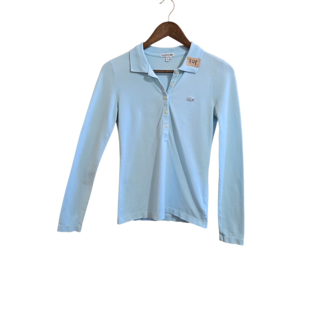 Lacoste Women's Long Sleeve Polo Shirt Size 36 US 4 Blue Cotton Blend Preppy Top